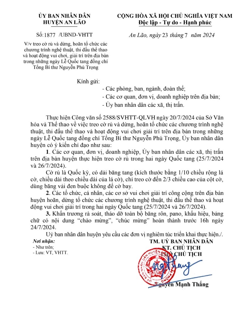 CV của UBND huyện An Lão về việc treo cờ rủ và dừng các hoạt động văn hóa thể thao trong những ngày Lễ Quốc tang Tổng Bí thư Nguyễn Phú Trọng